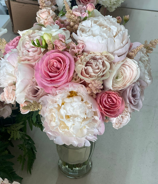 Peonies with pink roses tall